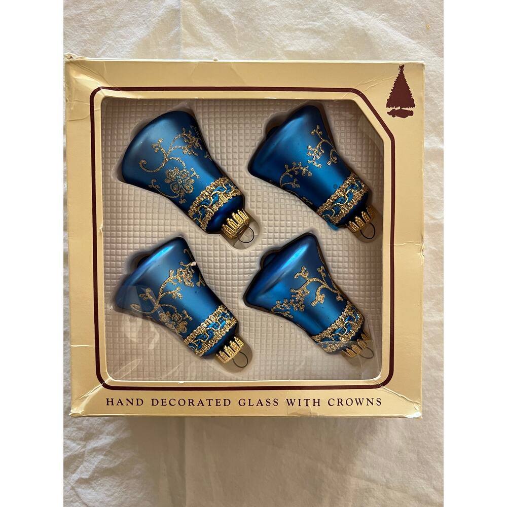 Vintage Christmas by Krebs Blue Glass Bell Ornaments West Germany Set of 4